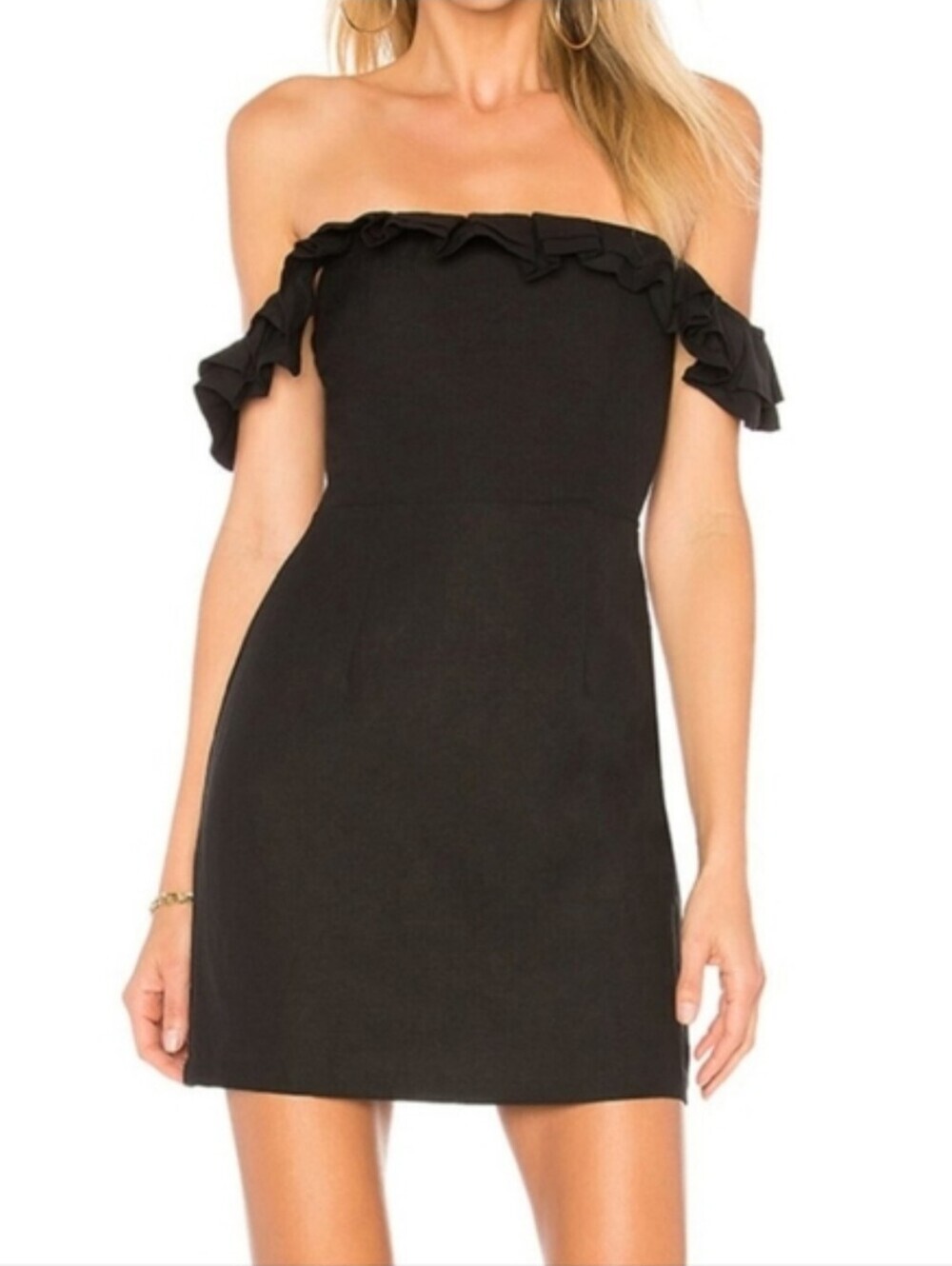 By The Way (Revolve) Ruffled Bardot Little Black Dress Linen Blend